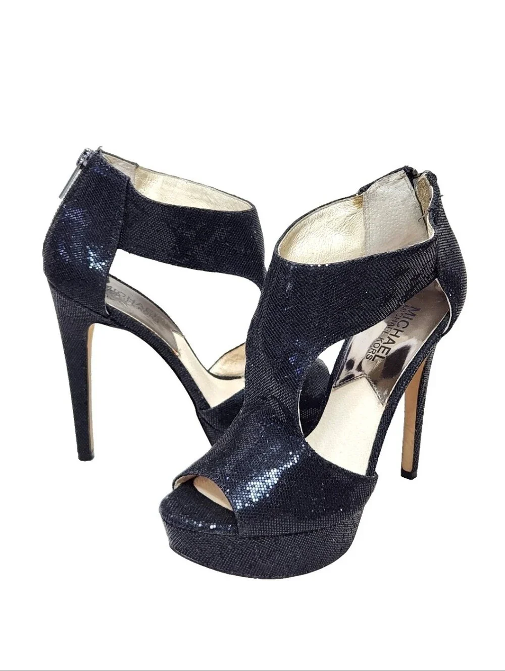 MICHAEL KORS Sparkle Platform Heels Sz 7 Black Ankle T-Strap Cut-Out Back Zip